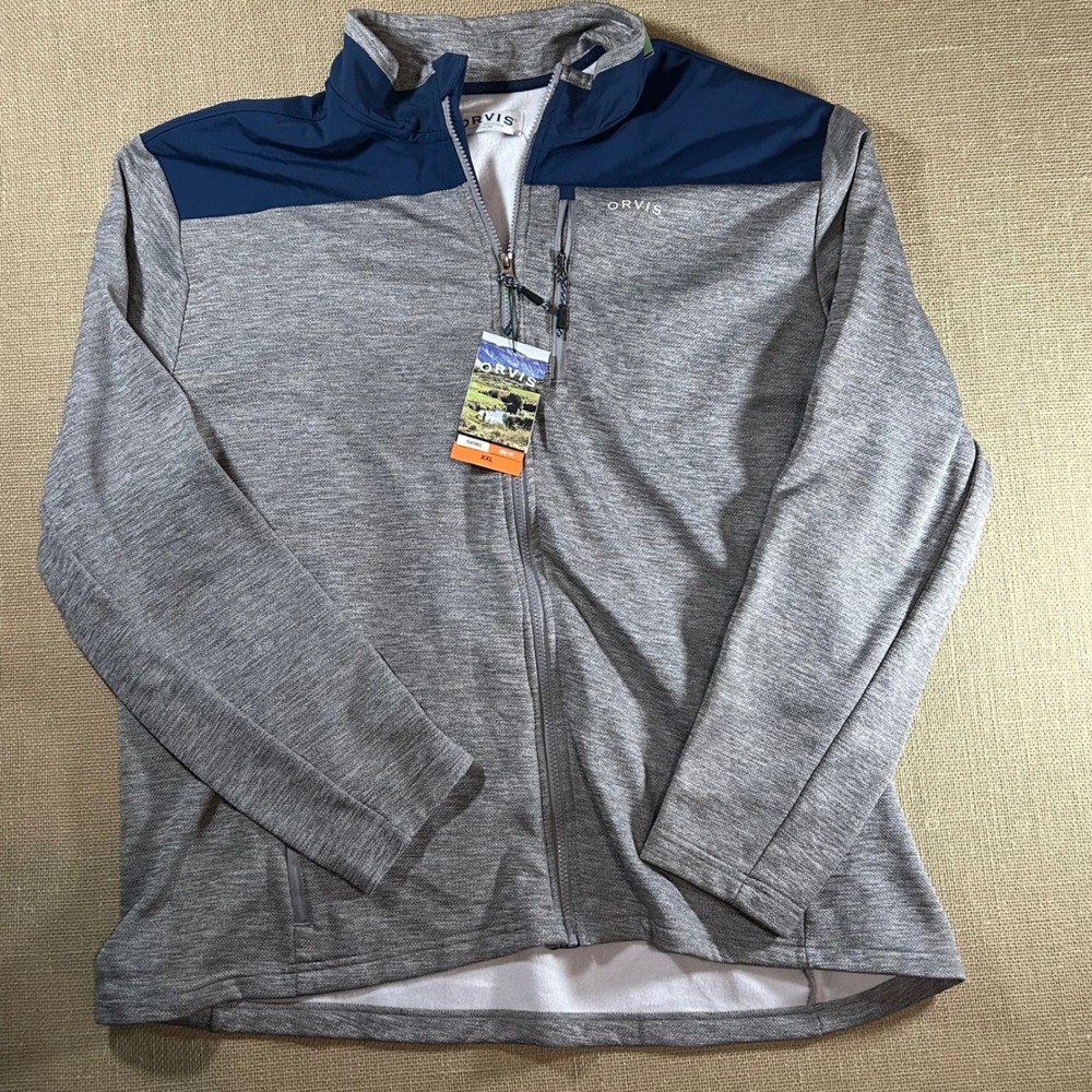 Orvis Mens Full Zip Jacket Gray Navy Blue XXL 1522009 Mock Neck Performance